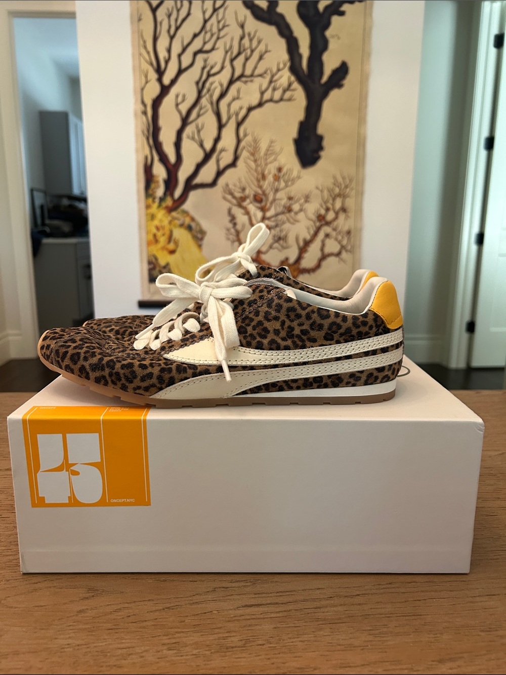 Oncept Essex Court Leopard Print Casual Sneakers with Yellow Heel Accent